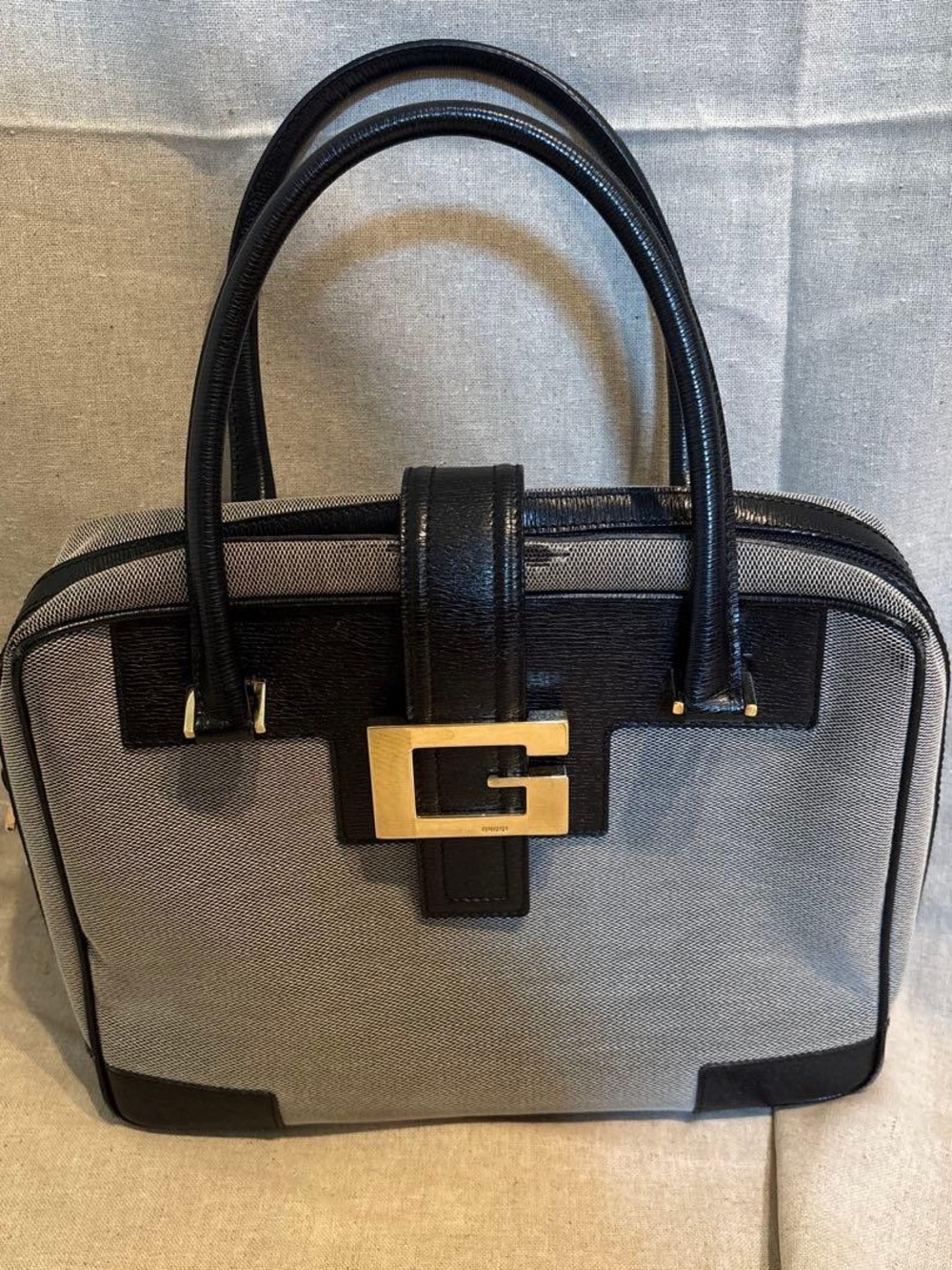 Vintage Gucci Gray Canvas Satchel with Black Leather Trim and Gold Hardware